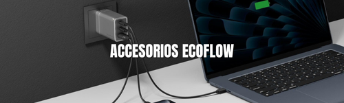 Accesorios EcoFlow cargador, adaptador y cables conectados a laptop y enchufe en pared