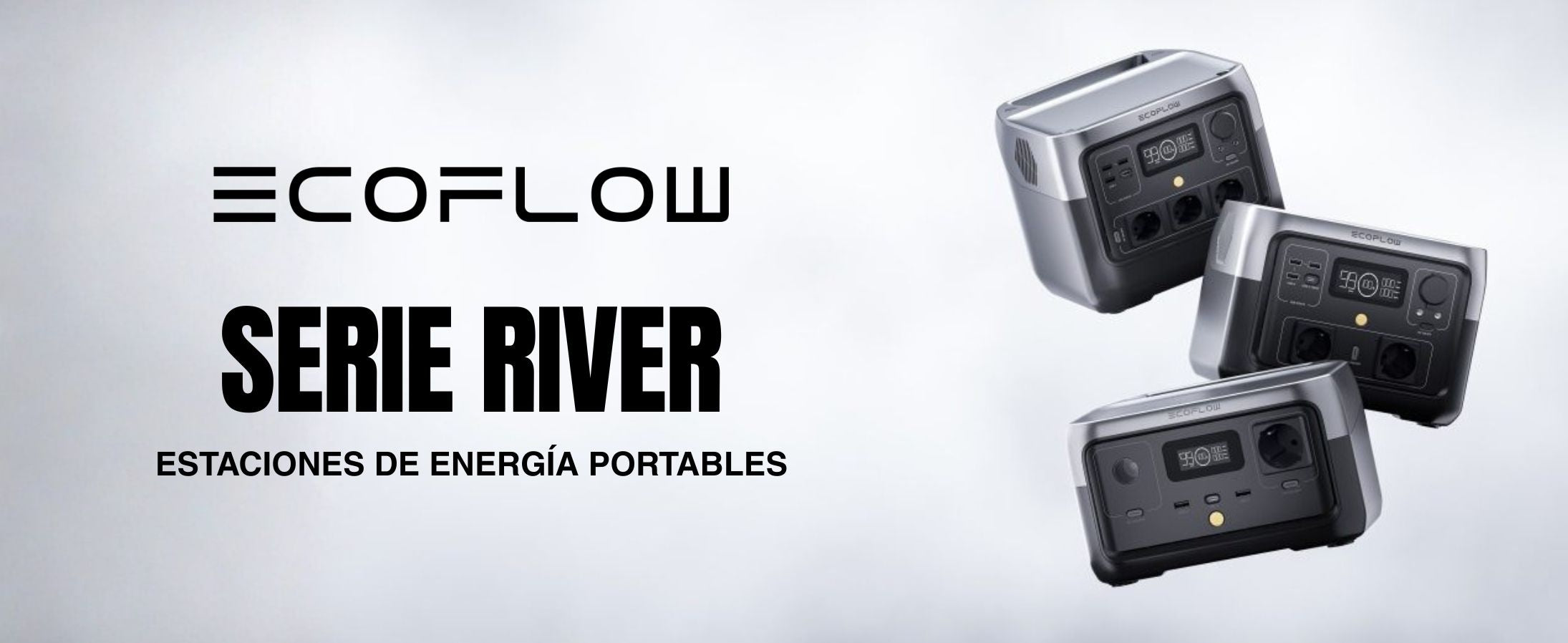 Estaciones de energía portátiles EcoFlow Serie River sobre fondo blanco con logo destacado