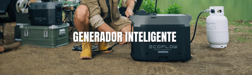 Generador inteligente EcoFlow portátil conectado a cilindro de gas en exterior, persona operando equipo