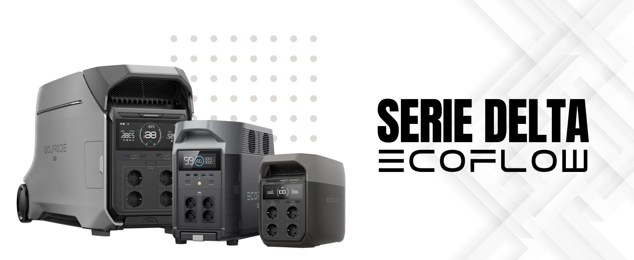 Generadores portátiles EcoFlow Serie Delta en tres tamaños con pantallas digitales y múltiples enchufes en diseño moderno